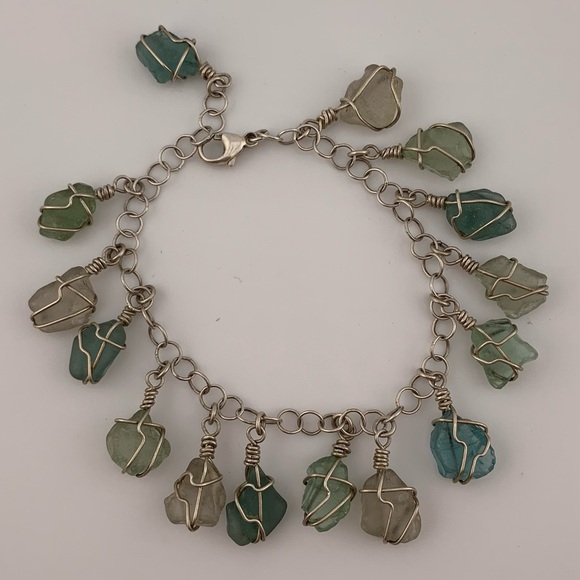 STERLING SEA GLASS BRACELET AQUA LIGHT GREEN 6.5 +1" extender 925 SILVER ARTISAN - Picture 5 of 8